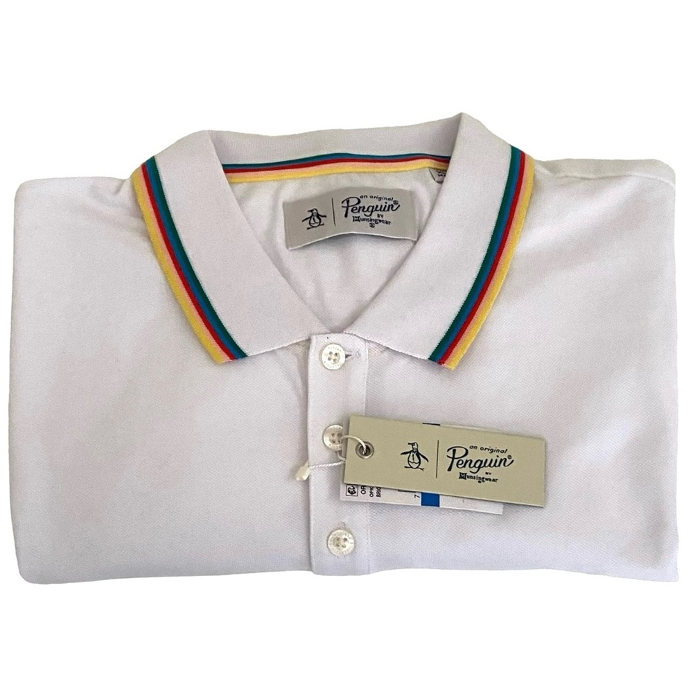 ORIGINAL PENGUIN Rainbow Tipped Collar White Polo Shirt